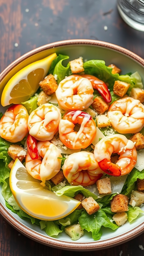 Shrimp Caesar salad with sautéed shrimp, romaine lettuce, croutons, and Parmesan cheese, garnished with lemon wedges.